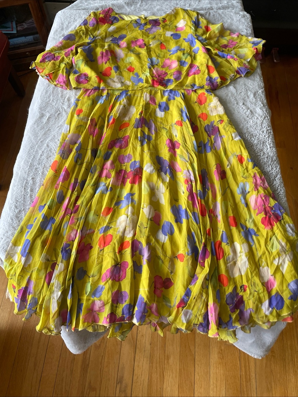 kate spade Yellow Floral Midi Dress with Pink & Purple Accents size large